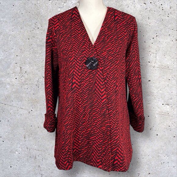 Ali Miles Womens Cardigan Red Black Chevron Knit Jacket One Button Small - Picture 1 of 12